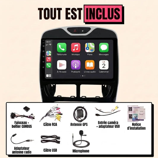 Kit autoradio CarPlay Renault Clio 4 phase 1 (2012-2016) écran tactile 10.1 pouces : tout est inclus, faisceau canbus, antenne GPS, câbles, microphone et notice