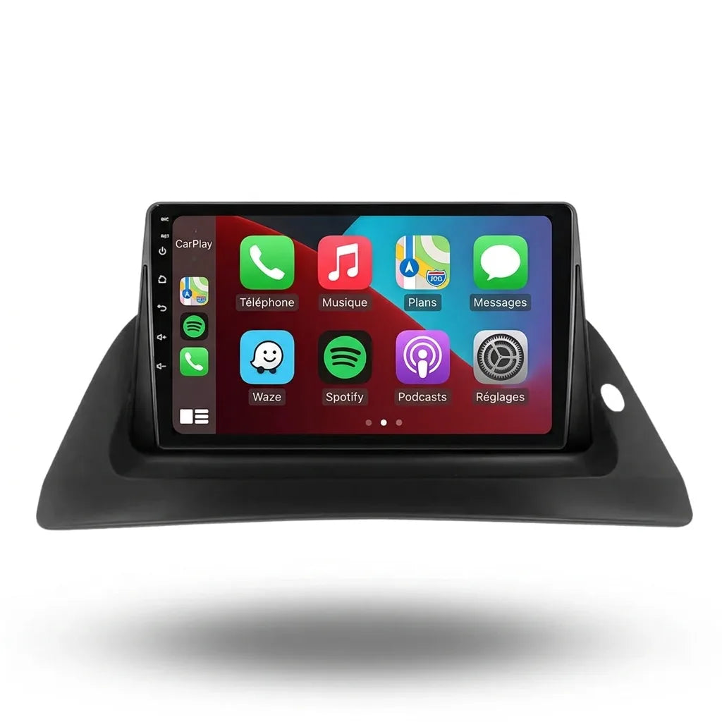 Autoradio CarPlay Renault Kangoo 2 (2008-2021) écran tactile 9 pouces dans sa casquette noire spécifique, vue de face sur fond blanc