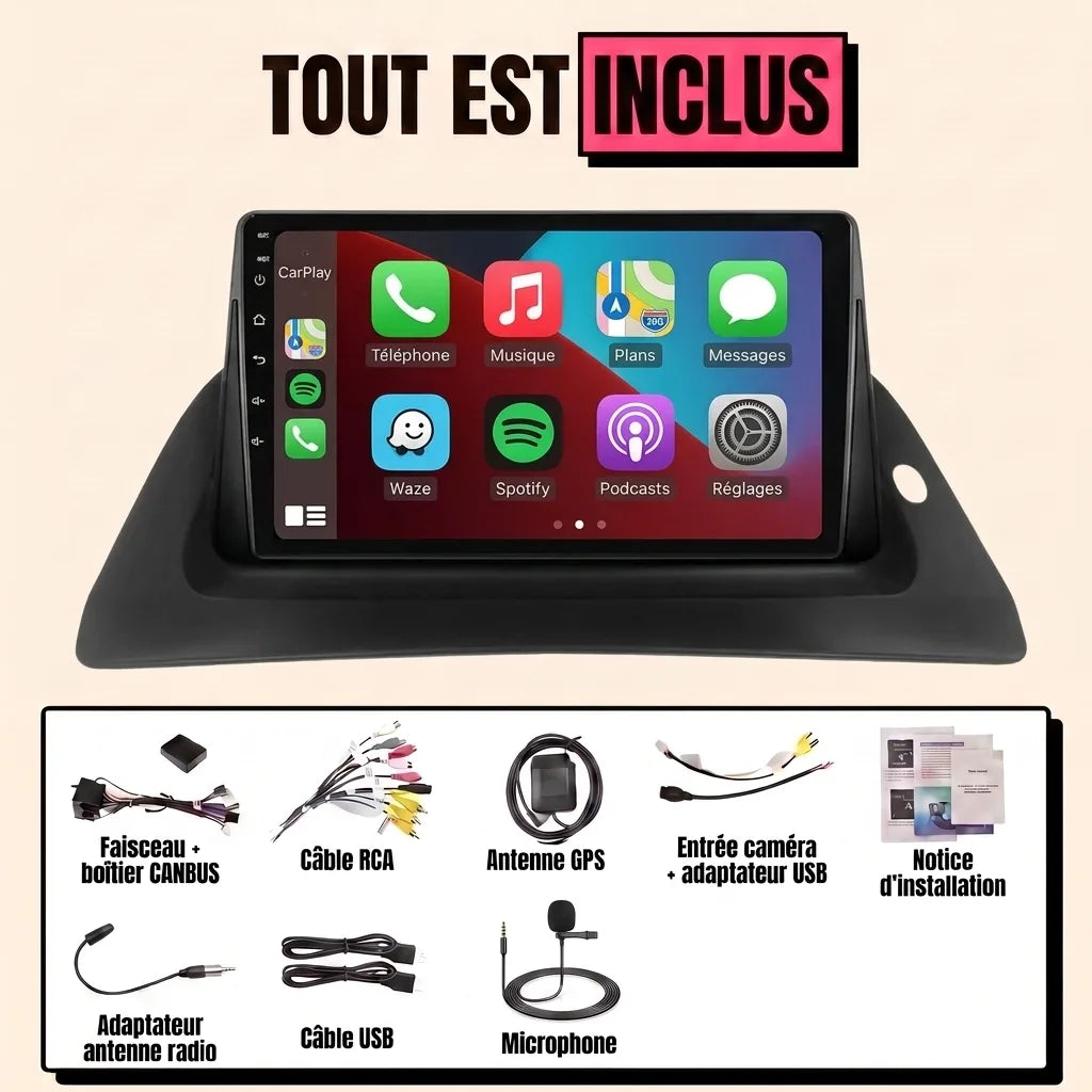 Autoradio CarPlay Renault Kangoo 2 (2008-2021) : tout est inclus, écran 9 pouces dans sa casquette noire, faisceau canbus, antenne GPS, micro et câbles