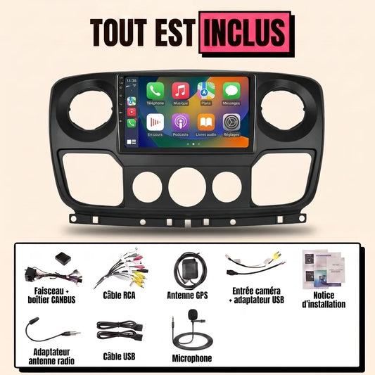Kit autoradio CarPlay Renault Master 3 (2010-2019) 10,1 pouces, tout est inclus : façade, faisceau canbus, antenne GPS, câbles et microphone
