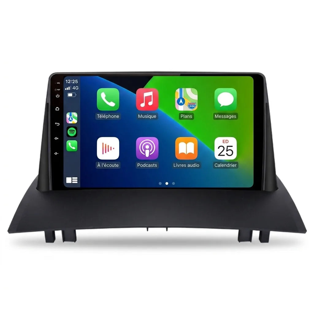Autoradio CarPlay Android Auto Renault Megane 2 (2002-2009), écran tactile 9 pouces sur façade noire spécifique Megane II, vue de face sur fond blanc