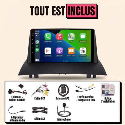 Kit autoradio CarPlay Renault Megane 2 (2002-2009) écran tactile 9 pouces sur façade noire : tout est inclus, faisceau canbus, antenne GPS, câbles, microphone et notice