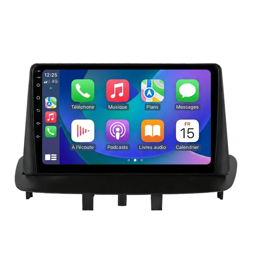 Autoradio CarPlay Android Auto Renault Megane 3 (2008-2016), écran tactile 9 pouces sur support casquette Megane 3, vue de face sur fond blanc