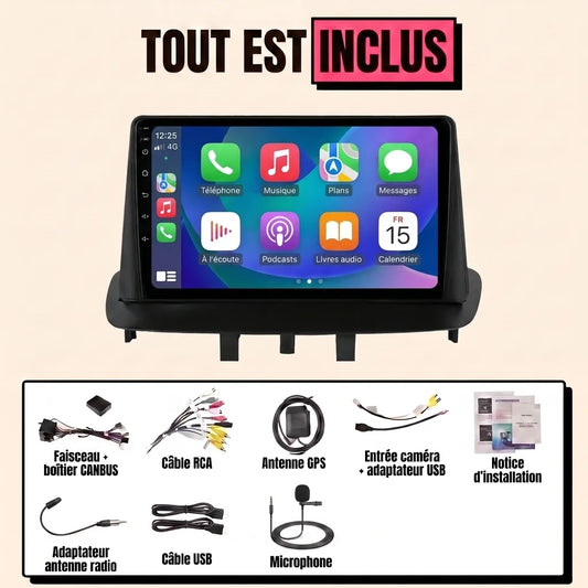 Kit autoradio CarPlay Renault Megane 3 (2008-2016) écran tactile 9 pouces : tout est inclus, faisceau canbus, antenne GPS, câbles, microphone et notice