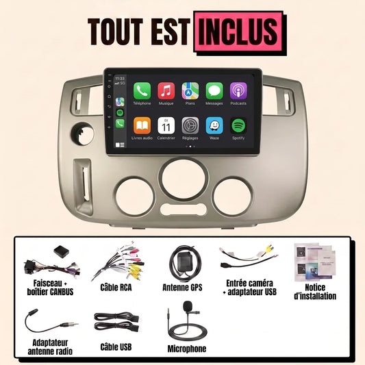 Kit autoradio CarPlay Renault Scénic 2 et Grand Scénic 2 (2003-2009) écran tactile 9 pouces sur façade de console champagne : tout est inclus, faisceau canbus, antenne GPS, câbles, microphone et notice