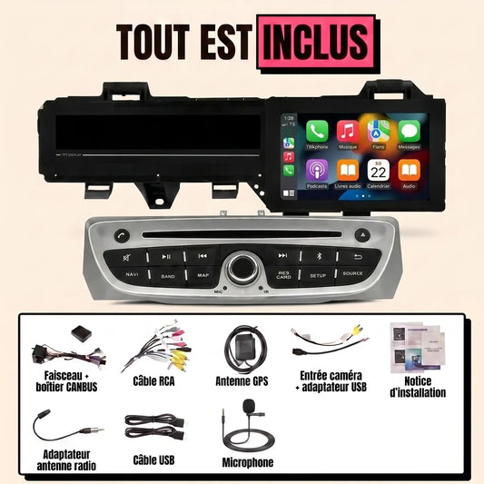 Autoradio CarPlay Renault Scénic 3 (2009-2016) : tout est inclus, bloc écran 7 pouces, panneau de commande, faisceau canbus, antenne GPS, micro et câbles