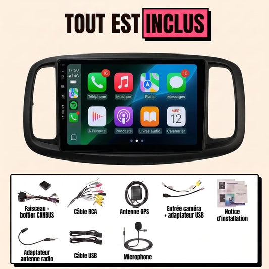 Kit autoradio CarPlay Renault Trafic 2 (2001-2014) écran 10,1 pouces avec cadre d'intégration : tout est inclus, faisceau canbus, antenne GPS, câbles, microphone et notice