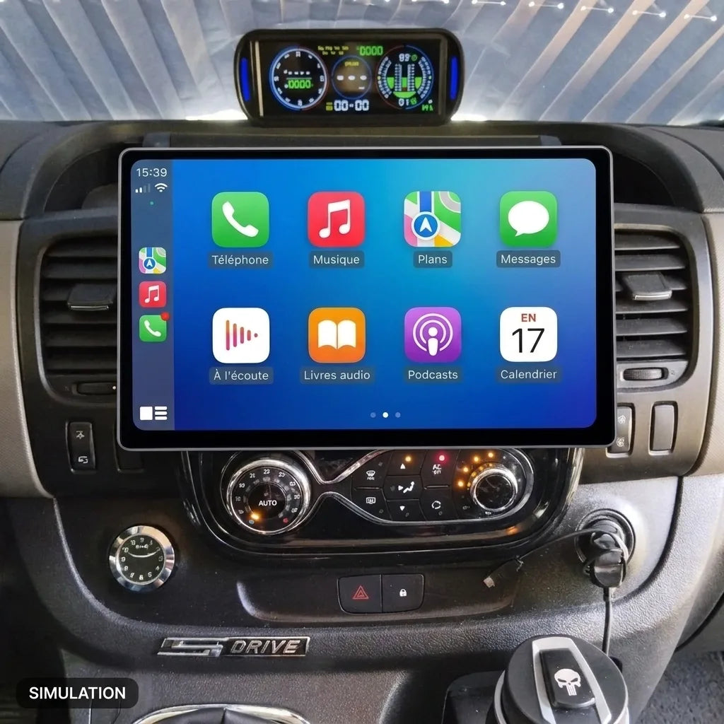 Simulation : écran CarPlay 13 pouces installé à la place du R-Link dans un Renault Trafic 3, bandeau de climatisation automatique conservé sous l'écran