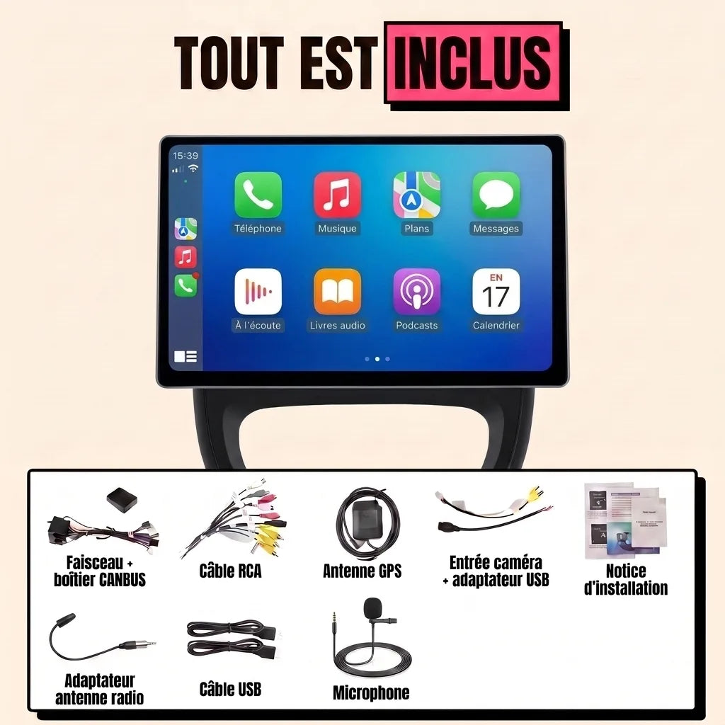 Kit autoradio CarPlay écran 13 pouces pour Renault Trafic 3 2014-2021, tout inclus : façade climatisation automatique, faisceau, boîtier CANBUS, antenne GPS, câbles USB, microphone