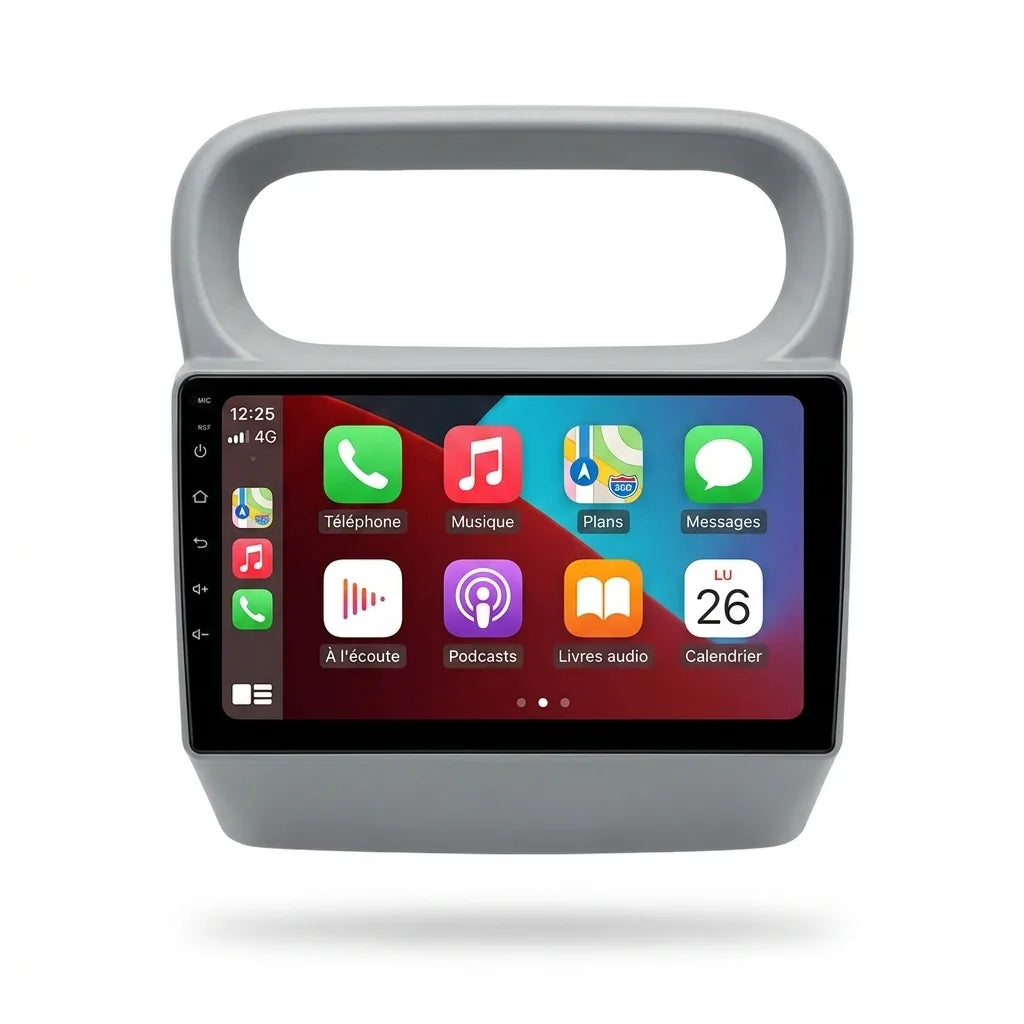 Autoradio CarPlay Android Auto Renault Twingo 1 (1998-2007), écran tactile 9 pouces sur façade grise spécifique Twingo avec ouverture pour le compteur central, vue de face sur fond blanc