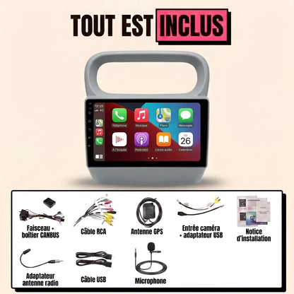 Kit autoradio CarPlay Renault Twingo 1 (1998-2007) écran tactile 9 pouces avec façade grise intégrant le compteur central : tout est inclus, faisceau canbus, antenne GPS, câbles, microphone et notice