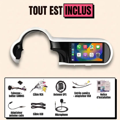 Kit complet CarPlay Renault Twingo 3 2014-2024 : écran 9 pouces avec façade d'intégration blanche, faisceau canbus, antenne GPS, micro, tout est inclus
