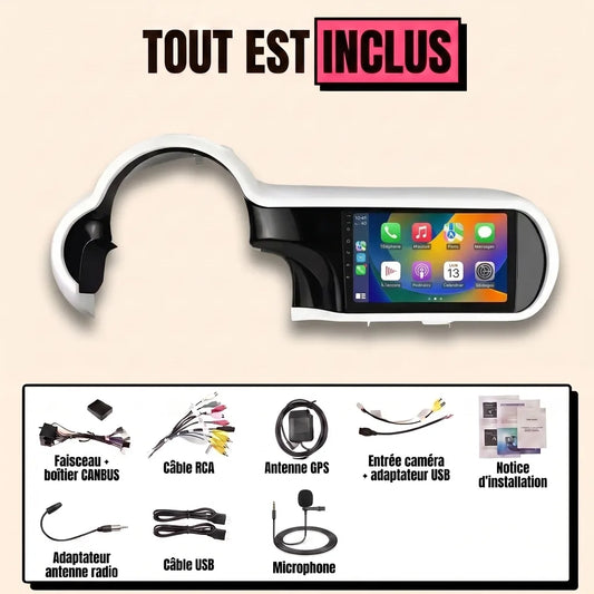 Kit complet CarPlay Renault Twingo 3 2014-2024 : écran 9 pouces avec façade d'intégration blanche, faisceau canbus, antenne GPS, micro, tout est inclus