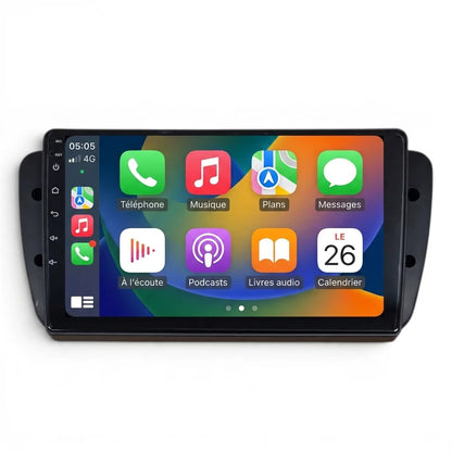 Autoradio CarPlay Android Auto Seat Ibiza 6J (2008-2015), écran tactile 9 pouces avec cadre Ibiza, vue de face sur fond blanc