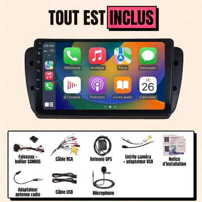 Kit autoradio CarPlay Seat Ibiza 6J (2008-2015) écran tactile 9 pouces avec cadre : tout est inclus, faisceau canbus, antenne GPS, câbles, microphone et notice
