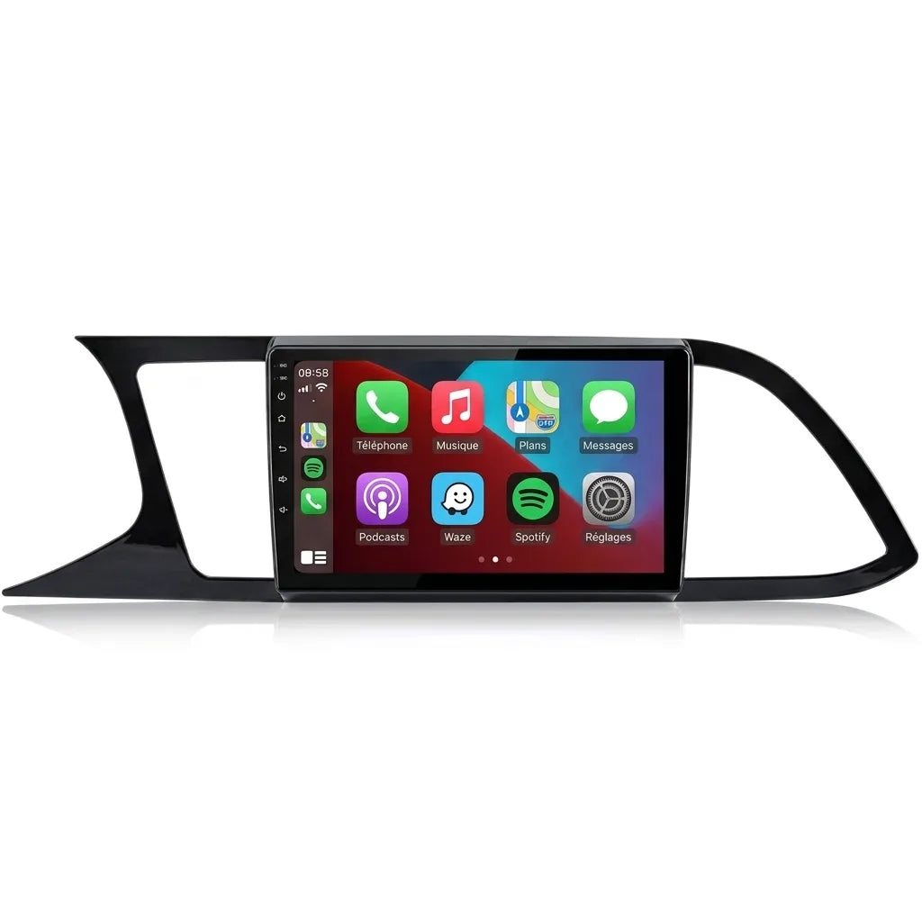 Autoradio CarPlay Seat Leon 3 (2012-2020) écran tactile 9 pouces avec son cadre noir au dessin de la planche de bord Leon 3