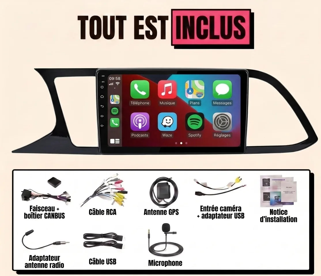 Kit CarPlay Seat Leon 3 9 pouces tout inclus : autoradio grand écran avec cadre Leon 3, faisceau et boîtier canbus, câble RCA, antenne GPS, entrée caméra, adaptateur antenne radio, câble USB, micro et notice