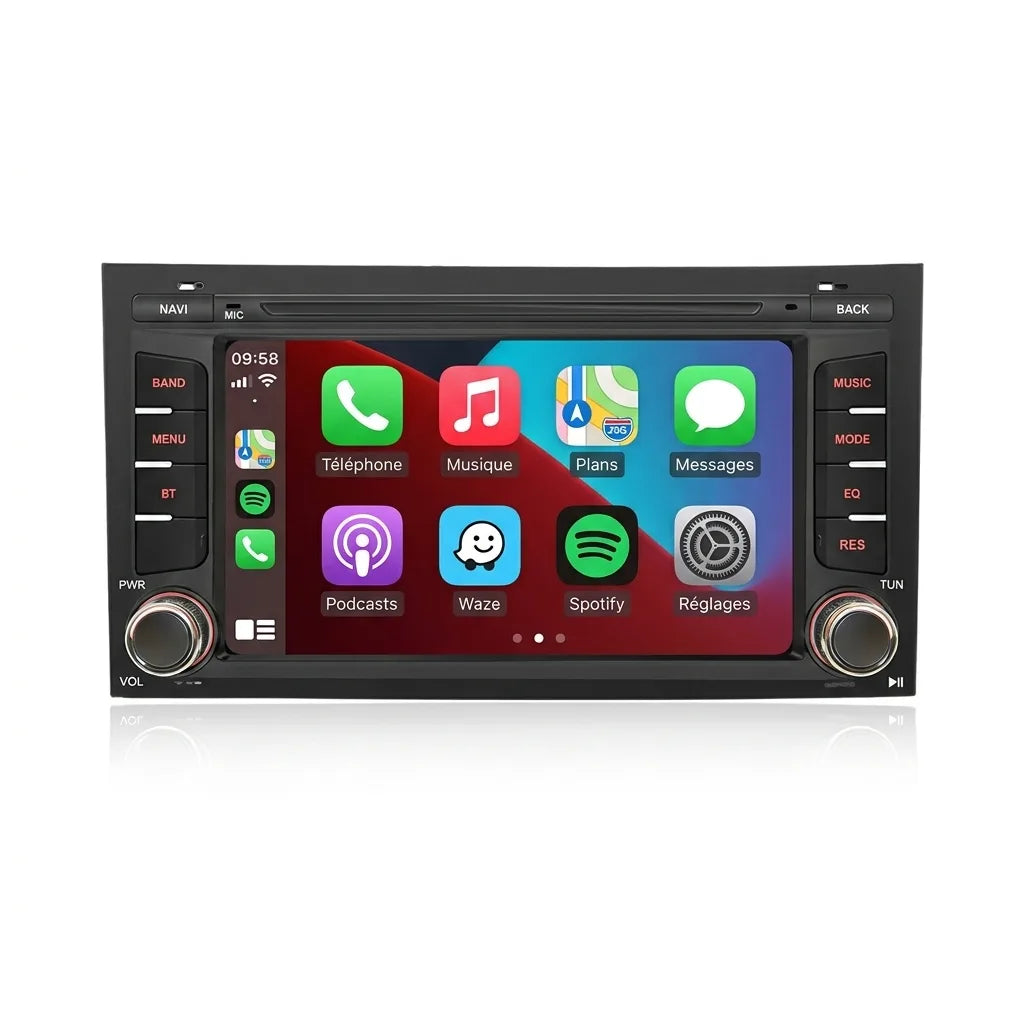 Autoradio CarPlay Android Auto Seat Leon 3 5F (2012-2020), écran tactile 7 pouces au format d'origine avec touches, vue de face sur fond blanc