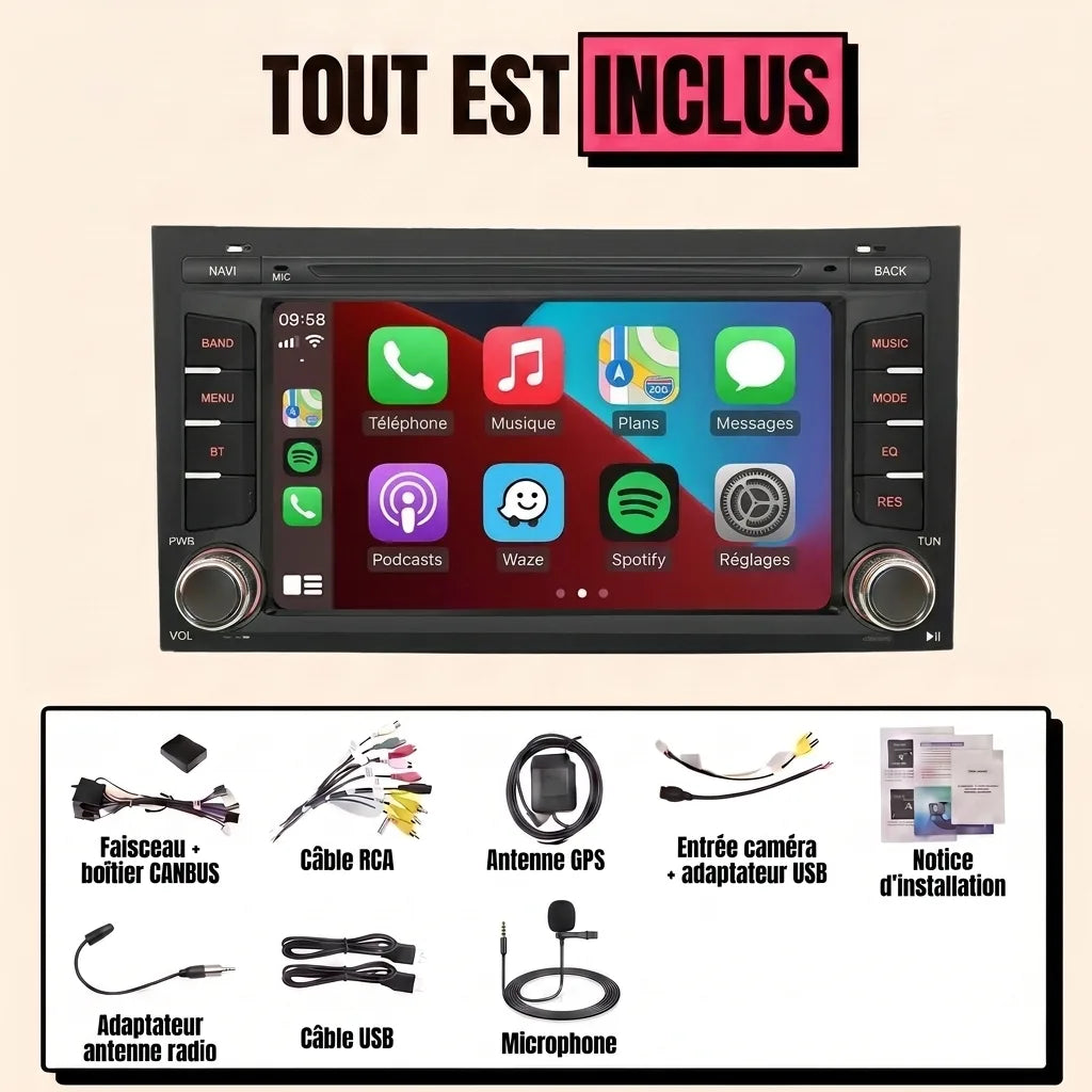 Kit autoradio CarPlay Seat Leon 3 (2012-2020) écran tactile 7 pouces au format d'origine : tout est inclus, faisceau canbus, antenne GPS, câbles et notice