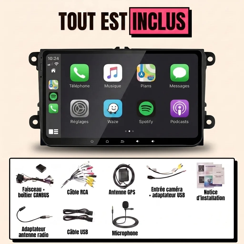 Kit autoradio CarPlay Skoda Octavia 2 (2004-2013) écran tactile 9 pouces format VW : tout est inclus, faisceau canbus, antenne GPS, câbles, microphone et notice