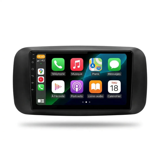 Autoradio CarPlay Android Auto Suzuki Swift 2 (2005-2010), écran tactile 9 pouces avec cadre noir, vue de face sur fond blanc