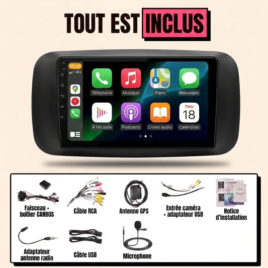 Kit autoradio CarPlay Suzuki Swift 2 (2005-2010) écran tactile 9 pouces avec cadre : tout est inclus, faisceau canbus, antenne GPS, câbles, microphone et notice