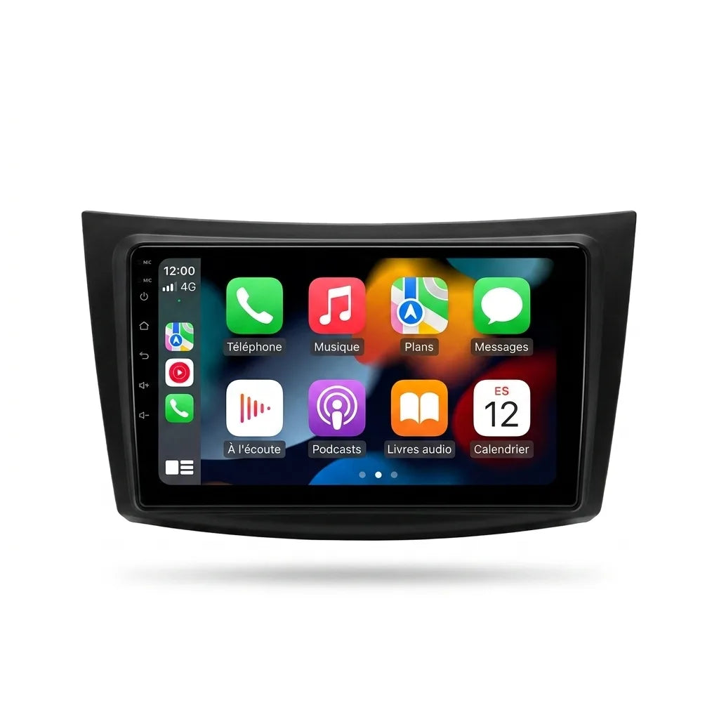 Autoradio CarPlay Android Auto Suzuki Swift 3 (2010-2017), écran tactile 9 pouces avec cadre noir, vue de face sur fond blanc