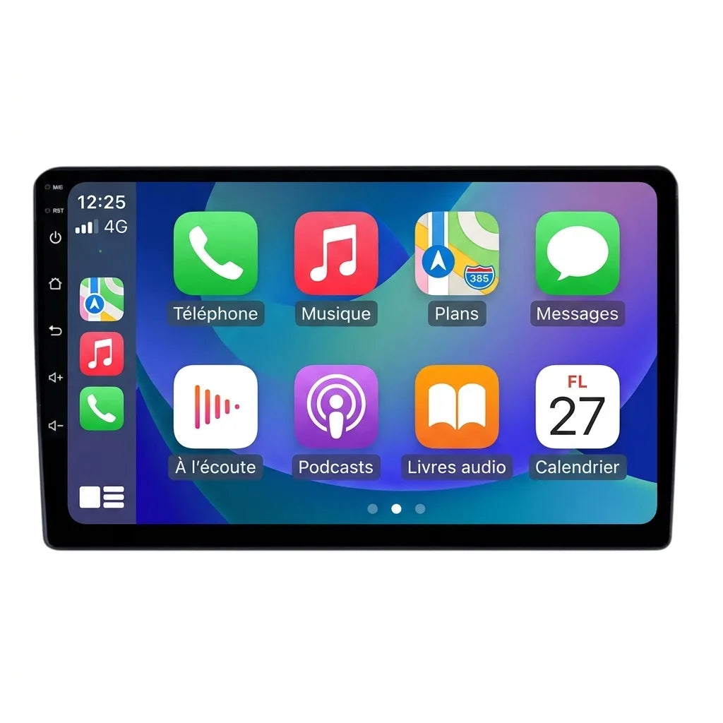 Autoradio CarPlay Android Auto Toyota Auris (2007-2012), écran tactile 9 pouces pour emplacement double-DIN 200 mm, vue de face sur fond blanc