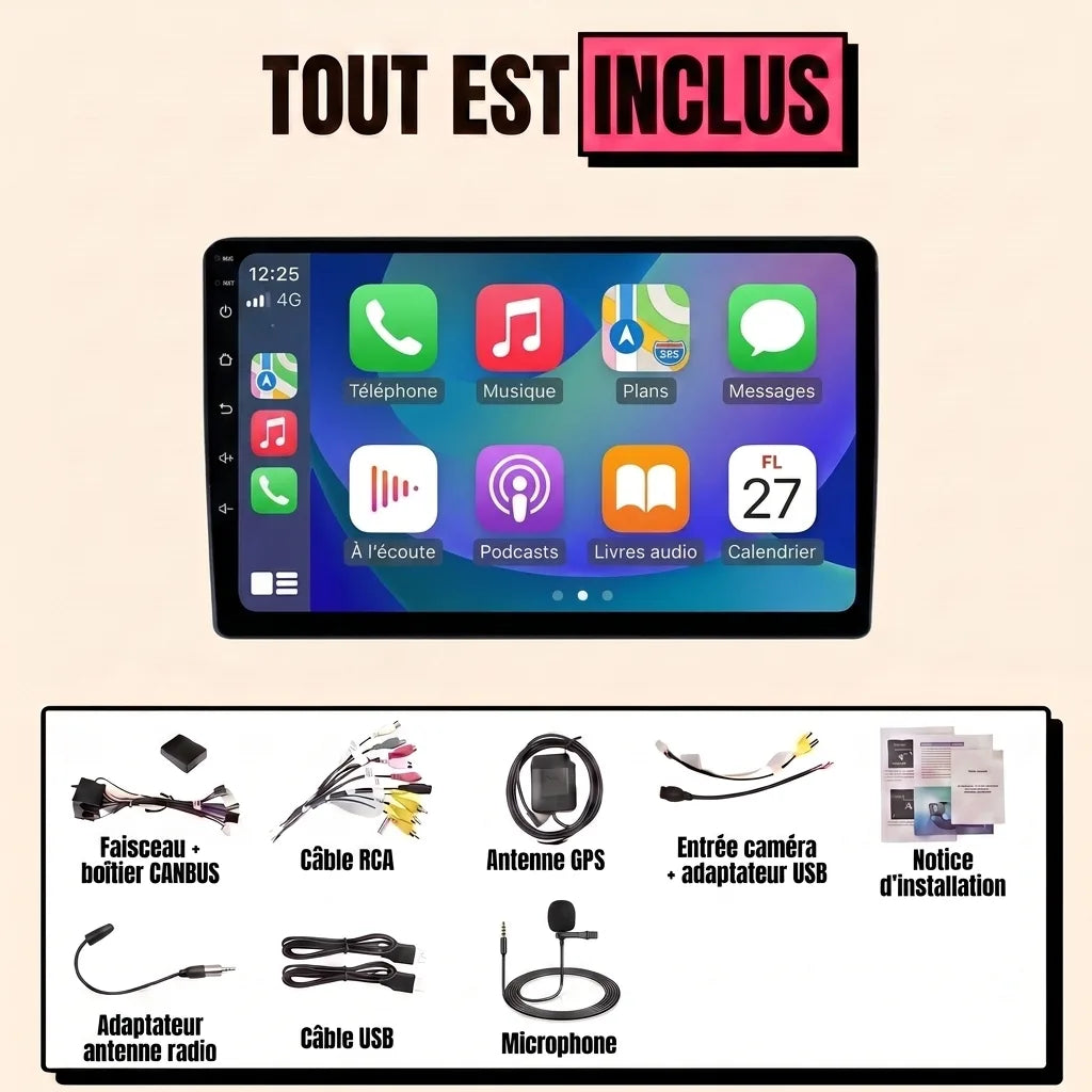 Kit autoradio CarPlay Toyota Auris (2007-2012) écran tactile 9 pouces : tout est inclus, faisceau canbus, antenne GPS, câbles, microphone et notice