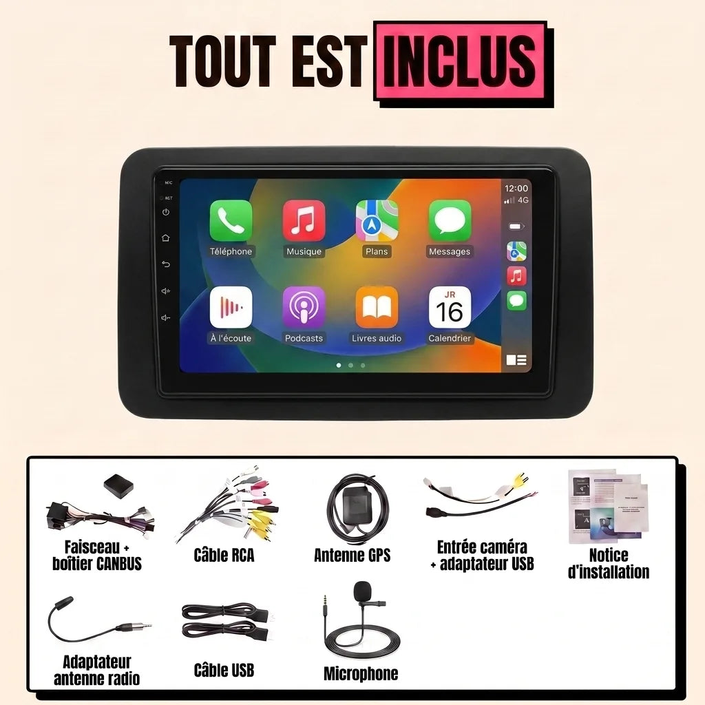 Kit autoradio CarPlay Toyota Yaris 2 (2005-2011) écran tactile 9 pouces avec cadre : tout est inclus, faisceau canbus, antenne GPS, câbles, microphone et notice