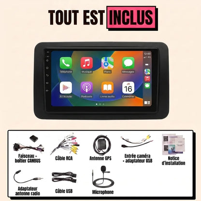 Kit autoradio CarPlay Toyota Yaris 2 (2005-2011) écran tactile 9 pouces avec cadre : tout est inclus, faisceau canbus, antenne GPS, câbles, microphone et notice