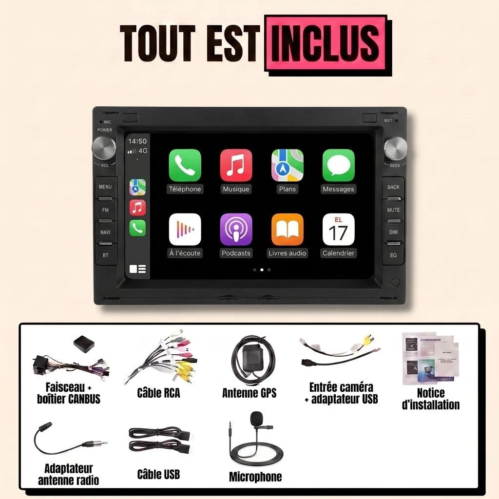 Autoradio CarPlay Golf 4 (1997-2003) écran 7 pouces double DIN — kit complet inclus : faisceau canbus VW, antenne GPS, câbles USB, microphone, notice