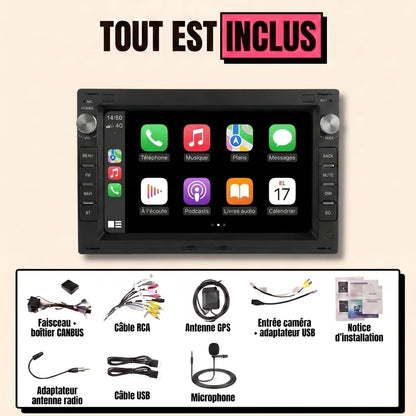 Autoradio CarPlay Golf 4 (1997-2003) écran 7 pouces double DIN — kit complet inclus : faisceau canbus VW, antenne GPS, câbles USB, microphone, notice