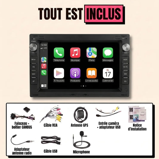 Autoradio CarPlay Golf 4 (1997-2003) écran 7 pouces double DIN — kit complet inclus : faisceau canbus VW, antenne GPS, câbles USB, microphone, notice