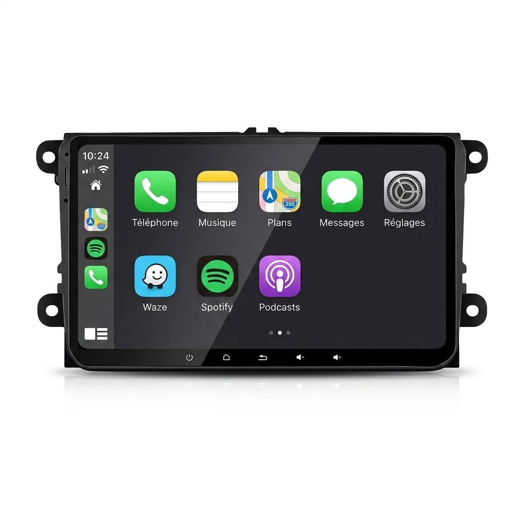 Autoradio CarPlay Android Auto Volkswagen Golf 5 (2003-2009) grand écran tactile 9 pouces format VW, vue de face sur fond blanc