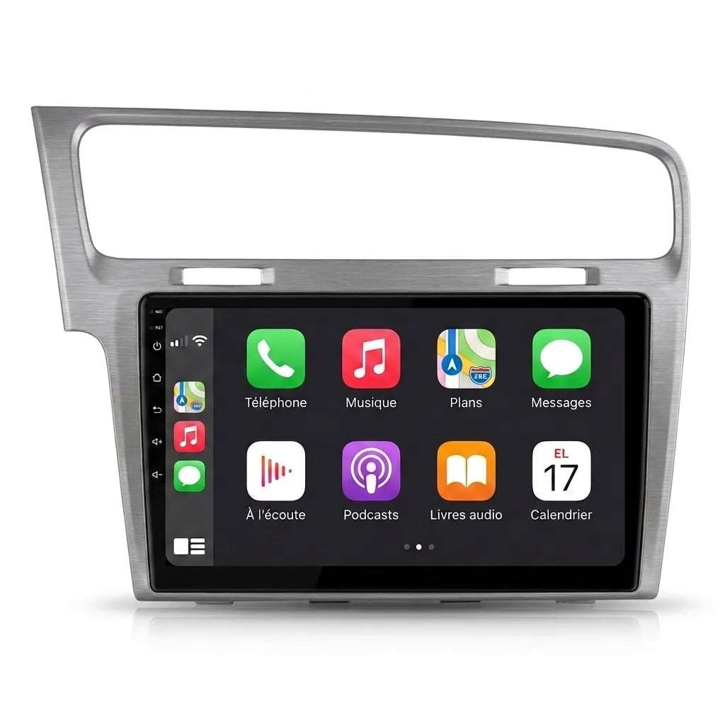 Autoradio CarPlay Android Auto Volkswagen Golf 7 écran tactile 10.1 pouces avec façade alu brossé, vue de face