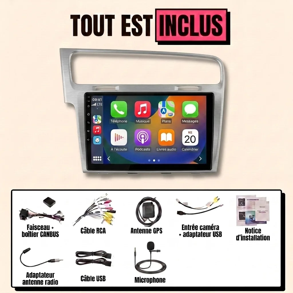 Autoradio CarPlay Golf 7 (2012-2020) écran 10.1 pouces façade alu brossé — kit complet inclus : faisceau canbus, antenne GPS, câbles USB, microphone, notice