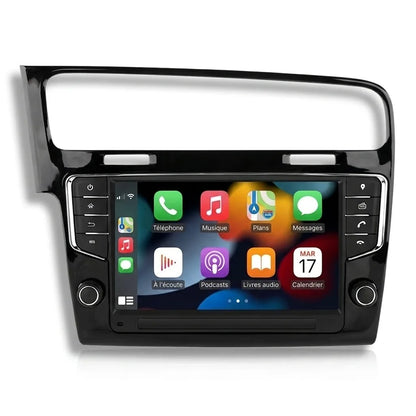 Autoradio CarPlay Android Auto Volkswagen Golf 7 avec boutons physiques et deux molettes, façade noire laquée, vue de face
