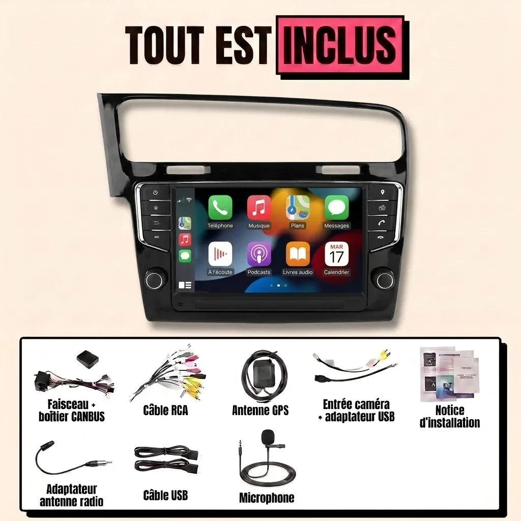 Autoradio CarPlay Golf 7 (2012-2020) version avec boutons physiques et molettes, façade noire laquée, kit complet inclus : faisceau canbus, antenne GPS, câbles USB, microphone, notice