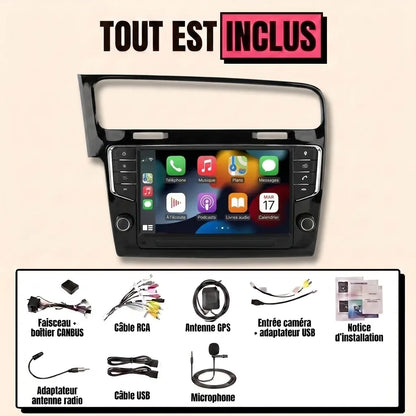 Autoradio CarPlay Golf 7 (2012-2020) version avec boutons physiques et molettes, façade noire laquée, kit complet inclus : faisceau canbus, antenne GPS, câbles USB, microphone, notice