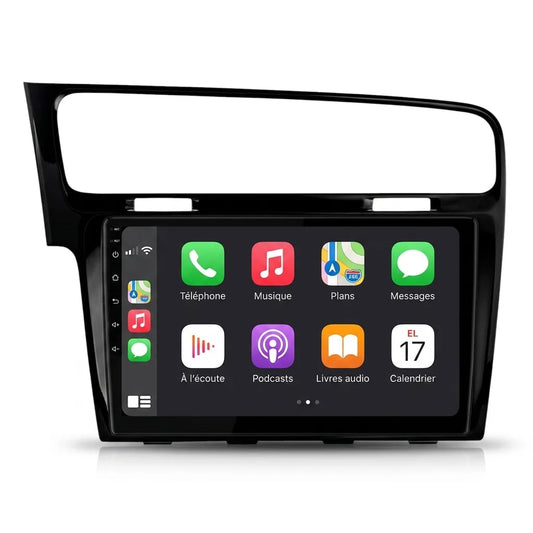 Autoradio CarPlay Android Auto Volkswagen Golf 7 écran tactile 10.1 pouces avec façade d'adaptation noire, vue de face