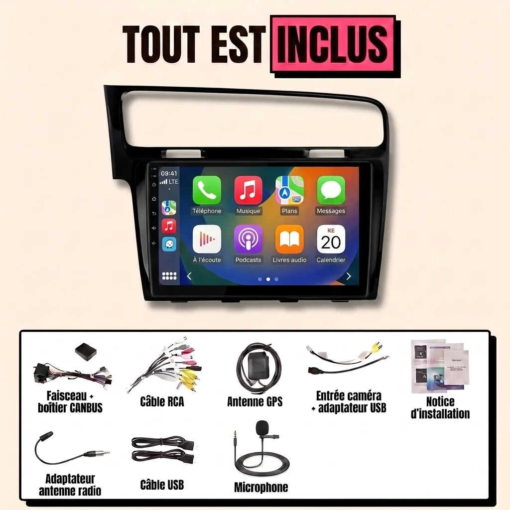 Autoradio CarPlay Golf 7 (2012-2020) écran 10.1 pouces — kit complet inclus : façade d'adaptation, faisceau canbus, antenne GPS, câbles USB, microphone, notice