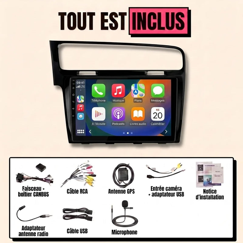 Autoradio CarPlay Golf 7 (2012-2020) écran 10.1 pouces — kit complet inclus : façade d'adaptation, faisceau canbus, antenne GPS, câbles USB, microphone, notice