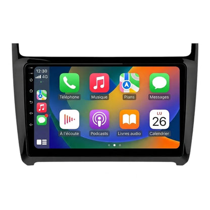 Autoradio CarPlay Android Auto Volkswagen Polo 5 6C (2014-2017), écran tactile 9 pouces avec façade noir brillant Polo 6C, vue de face sur fond blanc