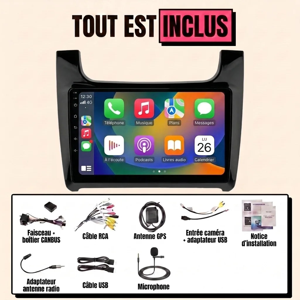 Kit autoradio CarPlay Volkswagen Polo 5 6C restylée (2014-2017) écran tactile 9 pouces avec façade : tout est inclus, faisceau canbus, antenne GPS, câbles, microphone et notice