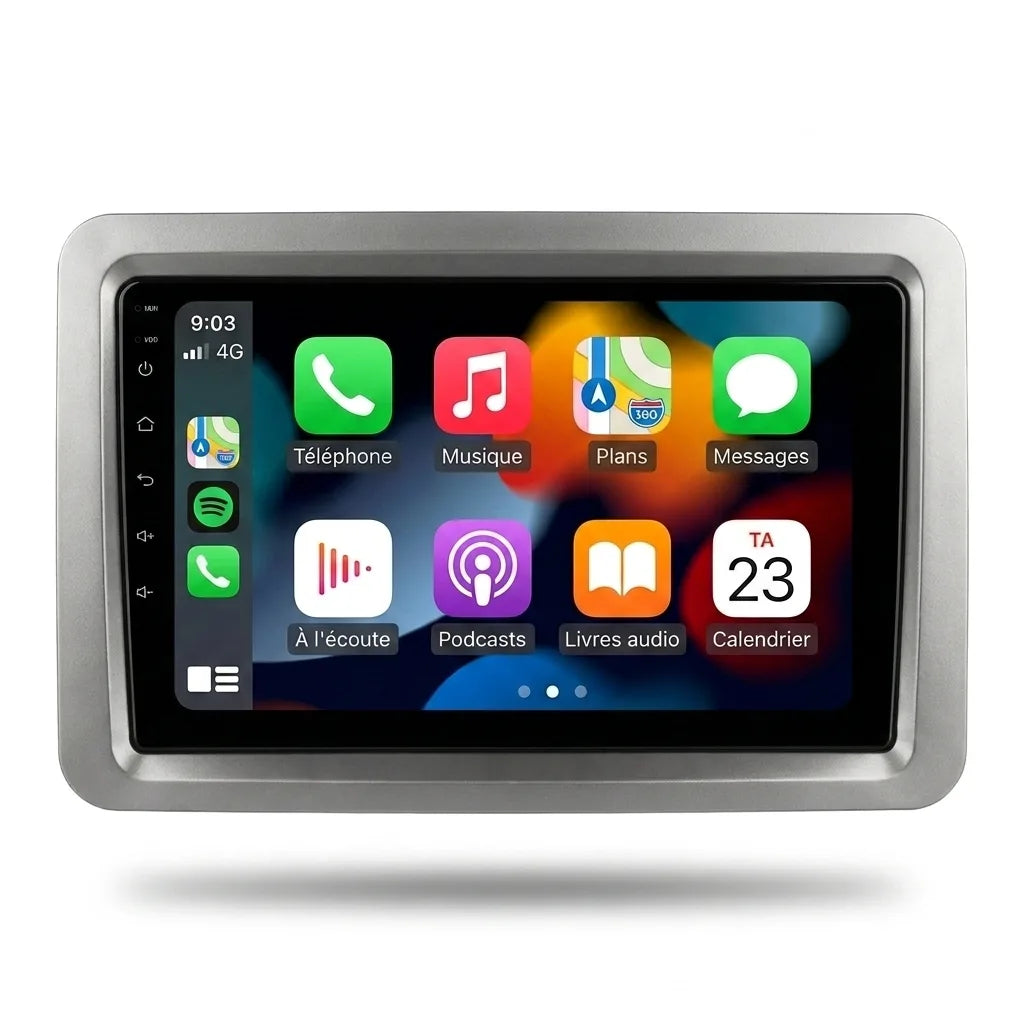 Autoradio CarPlay Android Auto Volkswagen Polo 4 9N (2001-2009), écran tactile 9 pouces avec cadre gris argent, vue de face sur fond blanc