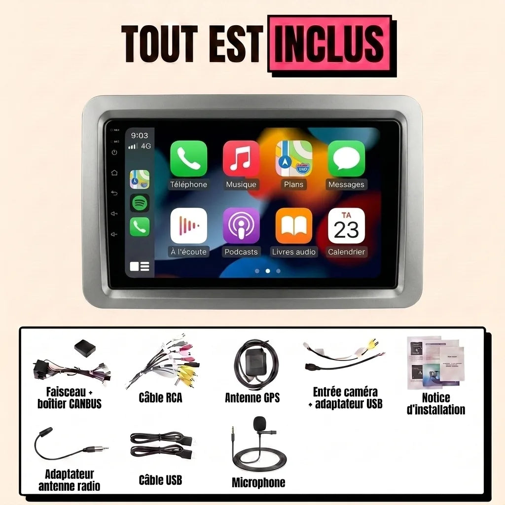 Kit autoradio CarPlay Volkswagen Polo 4 9N (2001-2009) écran tactile 9 pouces avec cadre argent : tout est inclus, faisceau canbus, antenne GPS, câbles, microphone et notice