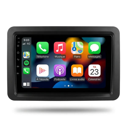 Autoradio CarPlay Android Auto Volkswagen Polo 4 9N (2001-2009), écran tactile 9 pouces avec cadre noir, vue de face sur fond blanc