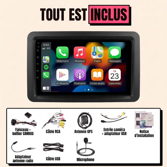 Kit autoradio CarPlay Volkswagen Polo 4 9N (2001-2009) écran tactile 9 pouces avec cadre noir : tout est inclus, faisceau canbus, antenne GPS, câbles, microphone et notice