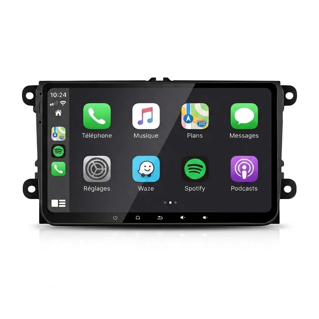 Autoradio CarPlay Android Auto Volkswagen Tiguan 1 (2007-2016), écran tactile 9 pouces au format VW, vue de face sur fond blanc